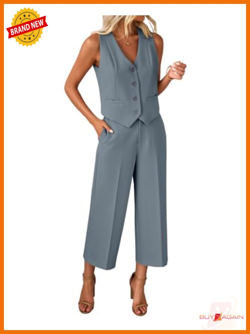 2 Piece Pantsuit Set Sleeveless Blazer Vest Wide Leg Capri Pants Work Outfit
